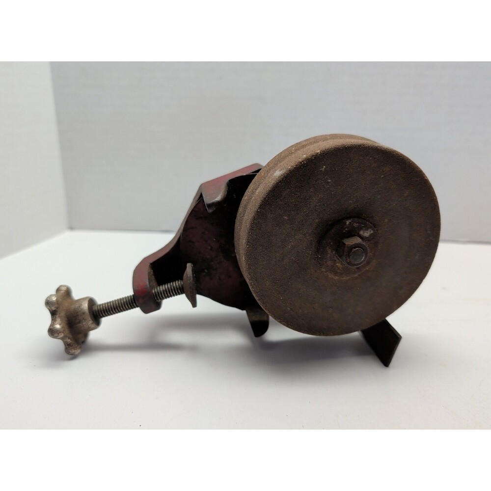 Vintage Clamp On Hand Crank Bench Grinder/Sharpener With Wood Handle An 4" Stone